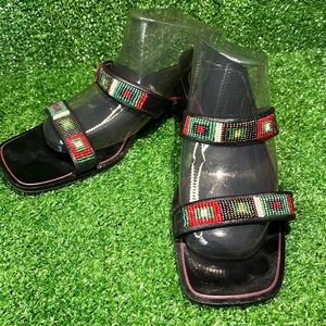Brighton SAM Beaded Southwestern Sandals Open Toe Slides Black Women's Size 8